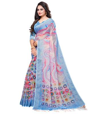 turquoise printed linen saree with blouse 2