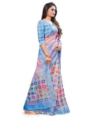 turquoise printed linen saree with blouse 3