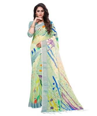 Green printed linen saree with blouse 1