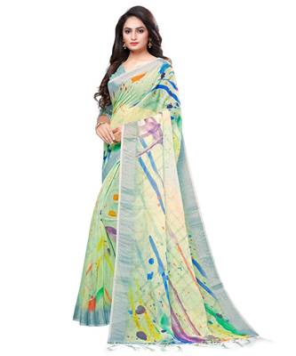Green printed linen saree with blouse 2