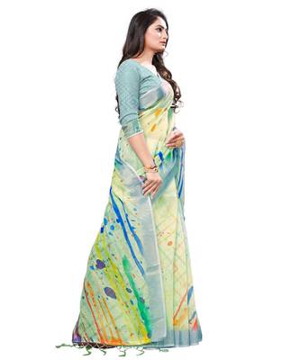 Green printed linen saree with blouse 3