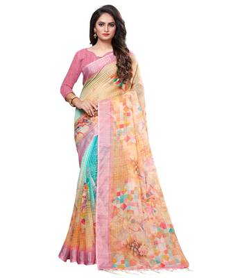 multicolor printed linen saree with blouse 1