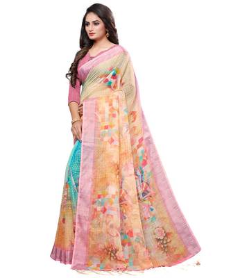 multicolor printed linen saree with blouse 2
