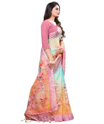 multicolor printed linen saree with blouse 3