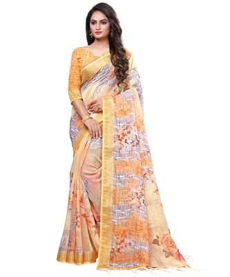 Cream printed linen saree with blouse 1