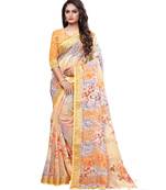 Cream printed linen saree with blouse