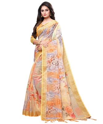 Cream printed linen saree with blouse 2