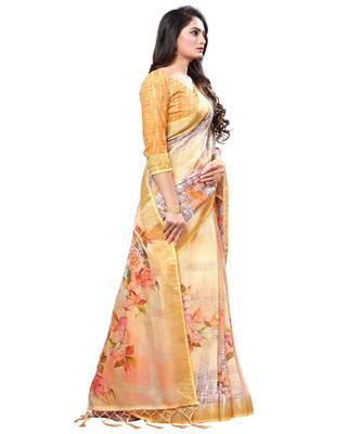 Cream printed linen saree with blouse 3
