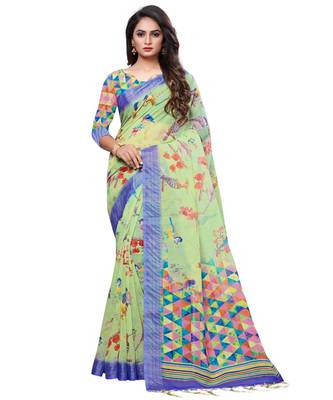 Green printed linen saree with blouse 1