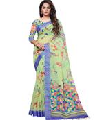 Green printed linen saree with blouse