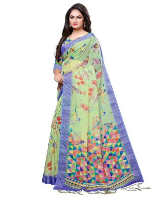 Green printed linen saree with blouse 2