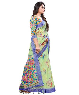 Green printed linen saree with blouse 3