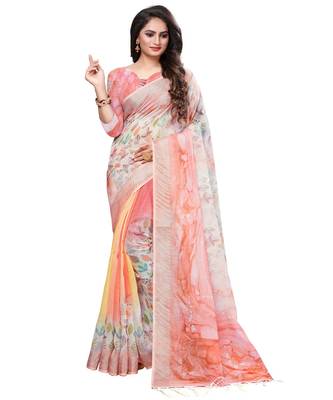 Peach printed linen saree with blouse 1