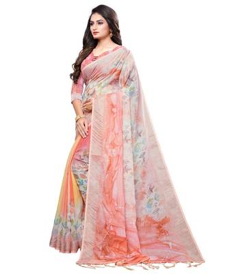 Peach printed linen saree with blouse 2