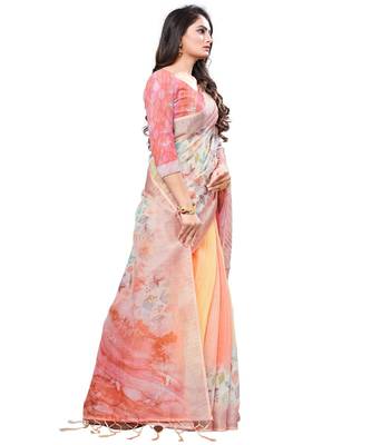 Peach printed linen saree with blouse 3