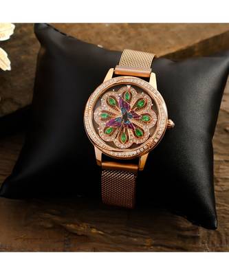 Rose Gold Butterfly Design Green Dail  Revolving Adjustable Magentic Watch 1