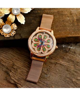 Rose Gold Butterfly Design Green Dail  Revolving Adjustable Magentic Watch 2