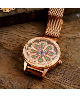 Rose Gold Butterfly Design Green Dail  Revolving Adjustable Magentic Watch 3