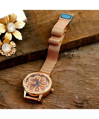 Rose Gold Butterfly Design Gold Dail  Revolving Adjustable Magnetic Belt Watch 1