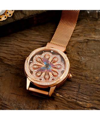 Rose Gold Butterfly Design Gold Dail  Revolving Adjustable Magnetic Belt Watch 3