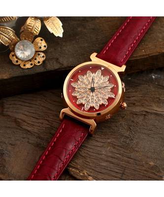 Magenta Flower Design Classy Revolving Dail Watch 1