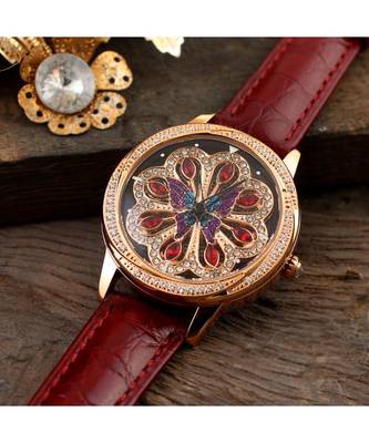 Maroon Flower Design Classy Revolving Dail Watch 1