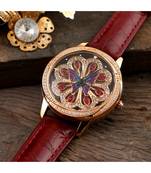 Maroon Flower Design Classy Revolving Dail Watch