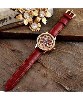 Maroon Flower Design Classy Revolving Dail Watch 2
