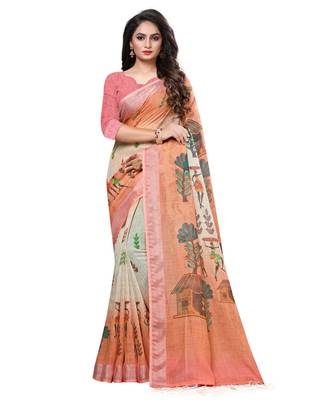 Beige printed linen saree with blouse 1