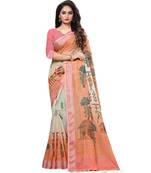 Beige printed linen saree with blouse