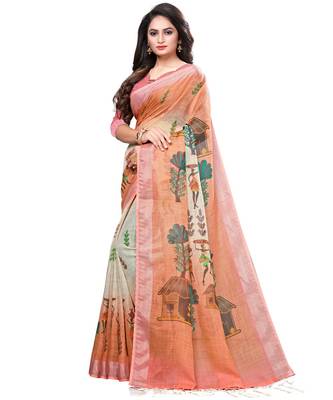 Beige printed linen saree with blouse 2