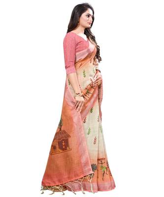 Beige printed linen saree with blouse 3