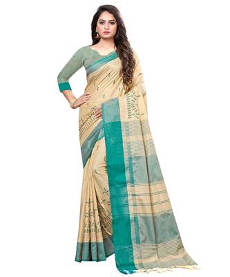 Beige embroidered cotton saree with blouse 1