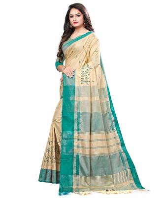 Beige embroidered cotton saree with blouse 2