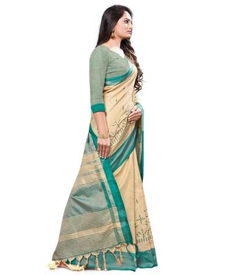 Beige embroidered cotton saree with blouse 3