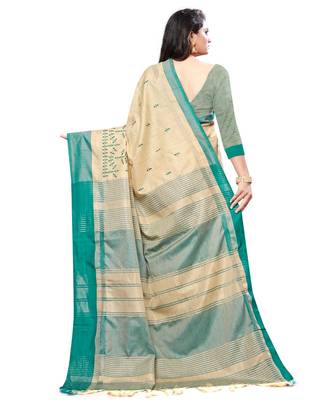 Beige embroidered cotton saree with blouse 4