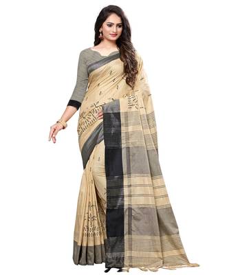 Beige embroidered cotton saree with blouse 1