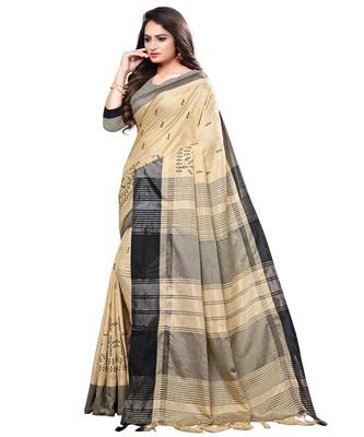 Beige embroidered cotton saree with blouse 2