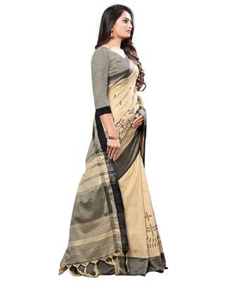 Beige embroidered cotton saree with blouse 3