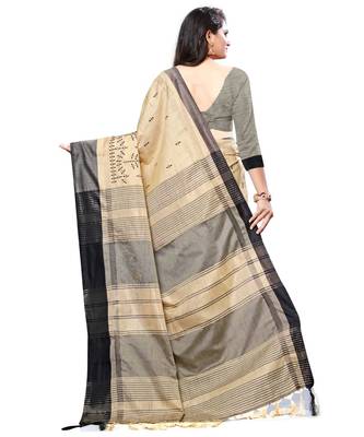 Beige embroidered cotton saree with blouse 4
