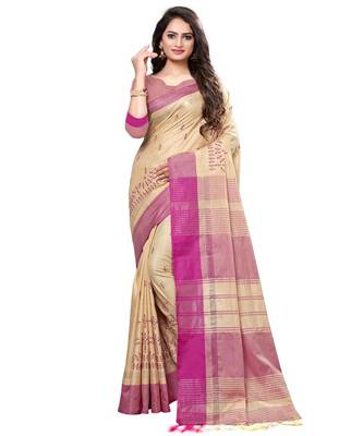 Beige embroidered cotton saree with blouse 1