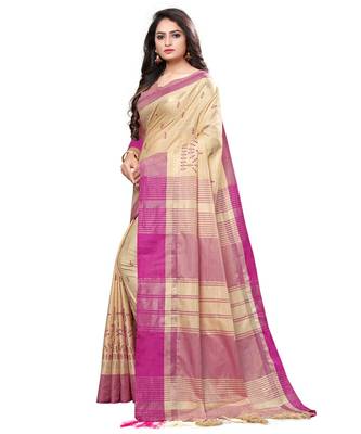 Beige embroidered cotton saree with blouse 2