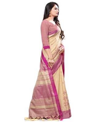 Beige embroidered cotton saree with blouse 3