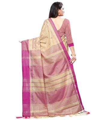Beige embroidered cotton saree with blouse 4