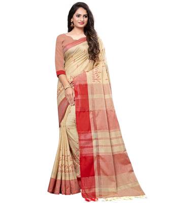 Beige embroidered cotton saree with blouse 1