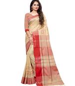 Beige embroidered cotton saree with blouse