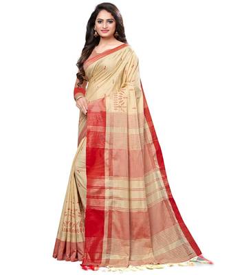 Beige embroidered cotton saree with blouse 2