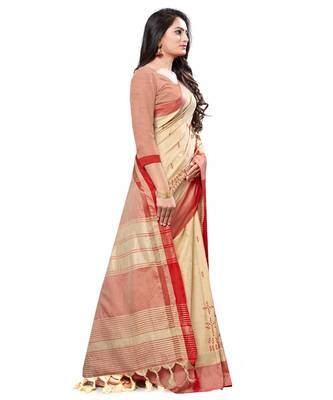 Beige embroidered cotton saree with blouse 3