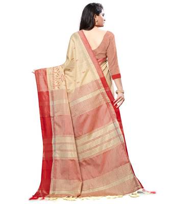 Beige embroidered cotton saree with blouse 4