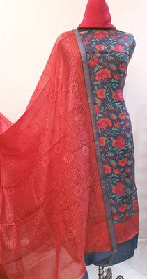 blue printed Chanderi Silk Print Unstitched salwar with dupatta 1